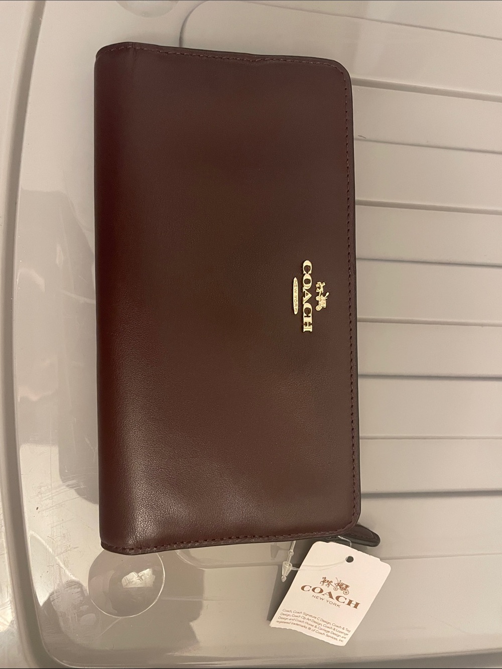 Coach Leather Zip-Around Wallet in Oxblood with Brass Logo
